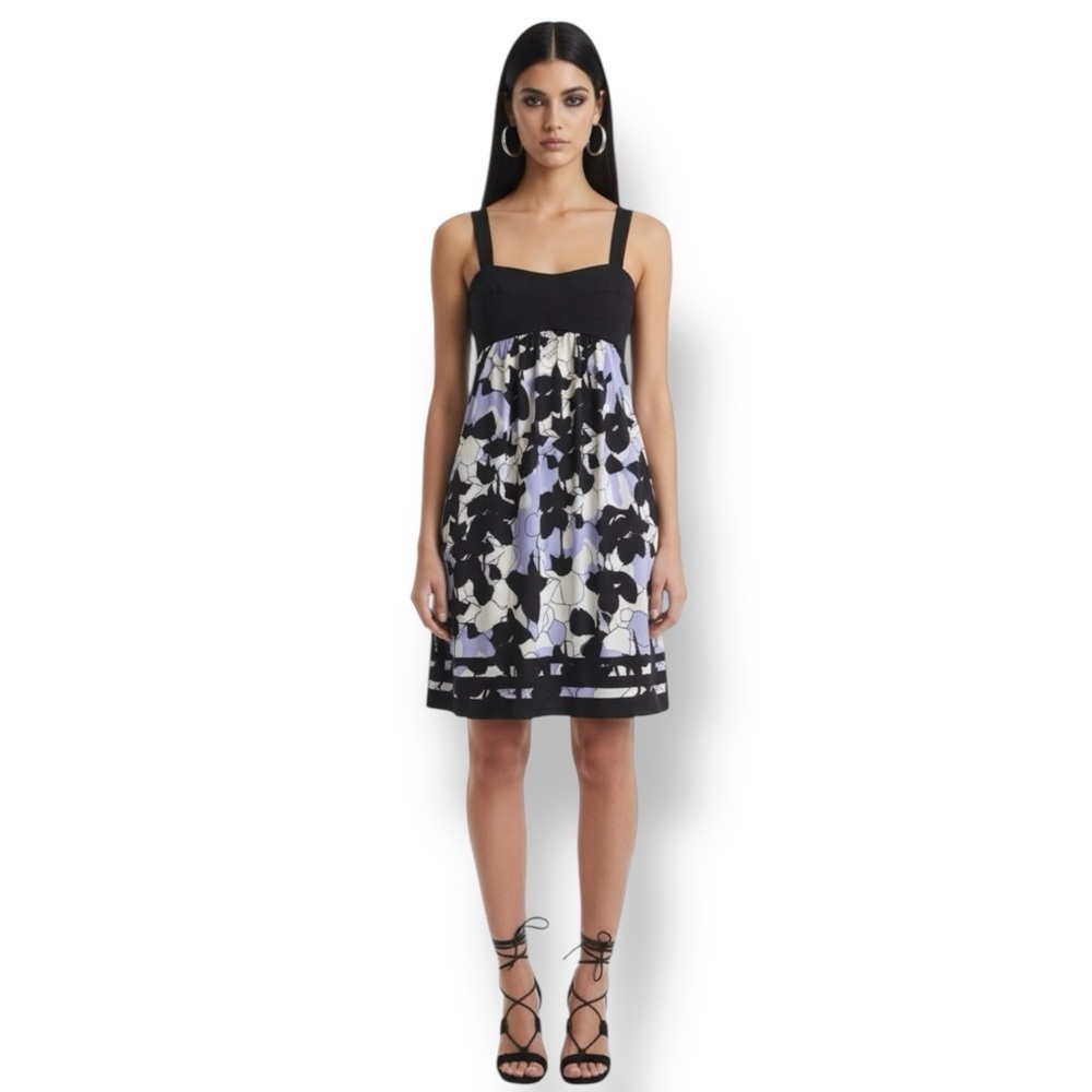 Diane Von Furstenberg Black Lavender Floral Print Babydoll Dress Size 8